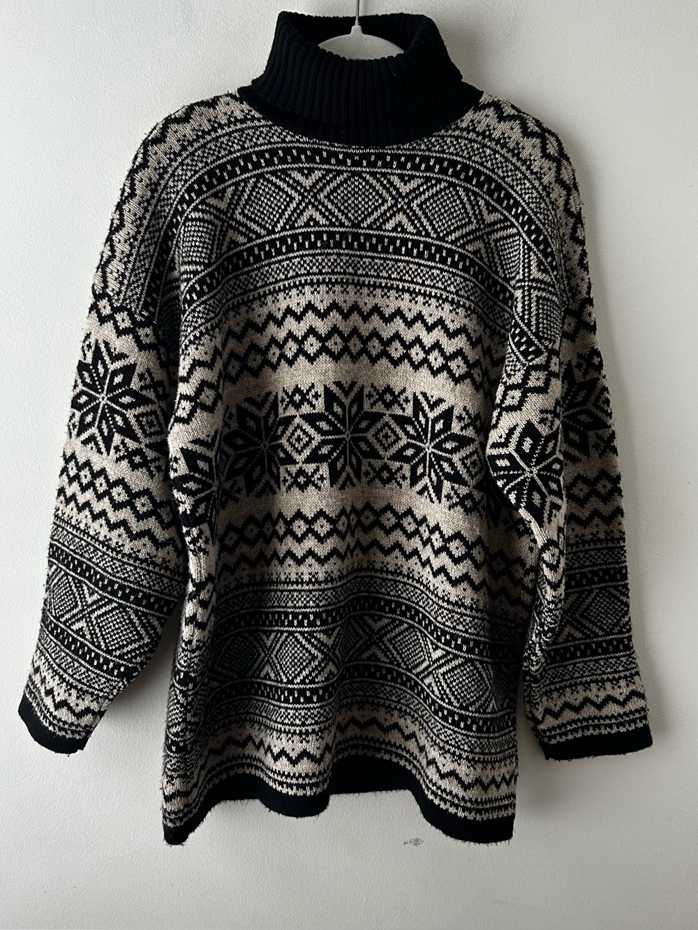 Chunky Fisherman Granola Girl Vintage Fair Isle Turtleneck Sweater Tan Black L